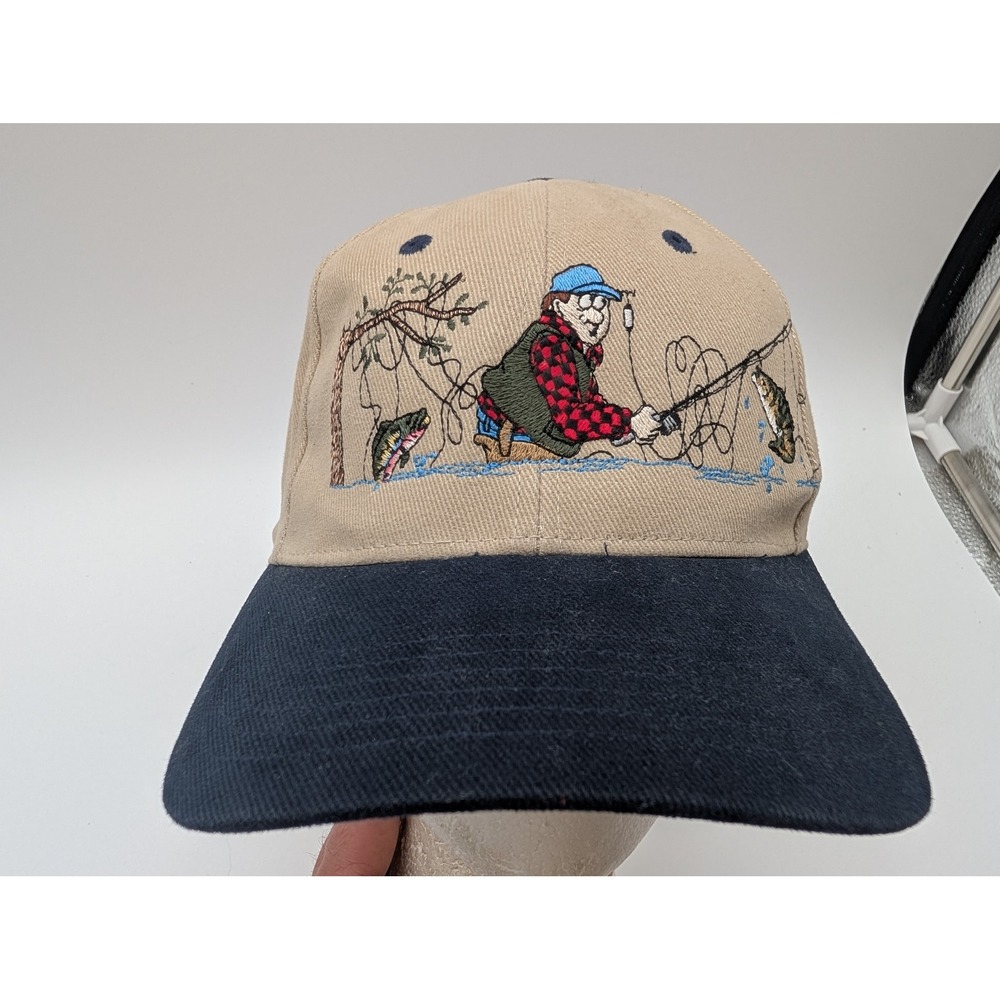 OC Fisherman Bass Fishing Embroidered Hat Tan Navy Blue Adjustable Strapback Cap